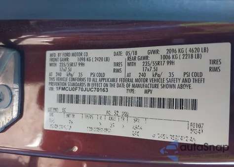 2018 Ford Escape S из США, поврежденный, VIN 1FMCU0F70JUC70163